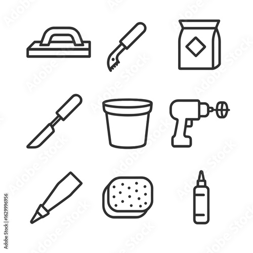 Grout Repair Icons. Outline icon set of grout repair tools and materials: grout float, grout saw, grout mix bag, margin trowel,