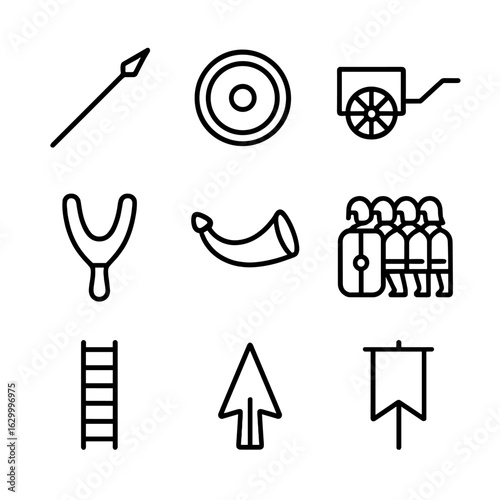 Ancient Warfare Icons. Outline icon set of ancient warfare: spear, round shield, chariot, sling, war horn, phalanx, siege ladder,