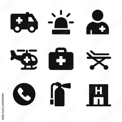 Emergency Services Icons. Solid, filled icon set of emergency services: ambulance, emergency siren, paramedic, emergency