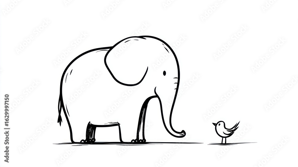 Fototapeta premium Simple black and white illustration of an elephant and a bird