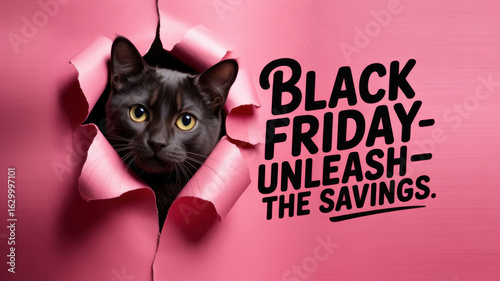 Black cat peeking through torn pink paper announcing black friday unleash the savings