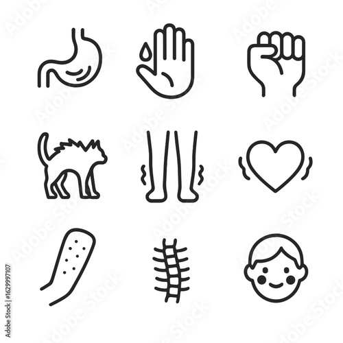 Gut-Feeling Icons Grid. Outline icon set of gut-feeling body cues: rumbling stomach, sweating palm, clenched fist, raised hackles,