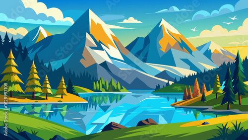 Vector art of majestic snowcapped mountains reflected in a clear blue lake surrounded by green hills and pine trees under a bright sunny sky