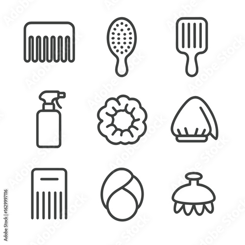Hair Tools Icons. Outline icon set of hair grooming tools: wide-tooth comb, boar bristle brush, wooden paddle brush, detangling