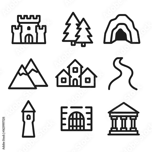 Quest Location Icons. Outline icon set of quest locations: castle, forest, cave, mountain, village, river, tower, dungeon, temple.