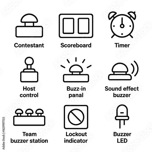 Quiz Buzzer Icons. Outline icon set of quiz and game buzzers: contestant buzzer button, scoreboard indicator, timer buzzer, host