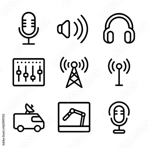 Radio Icon Set. Outline icon set of radio broadcasting: microphone, sound waves, headphones, mixing console, radio tower, antenna,