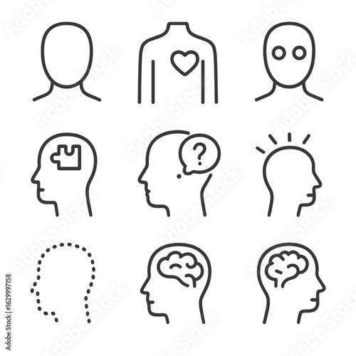 Emotional Absence Icons. Outline icon set of absence in emotions and psychology: blank face, empty heart, hollow eyes, missing