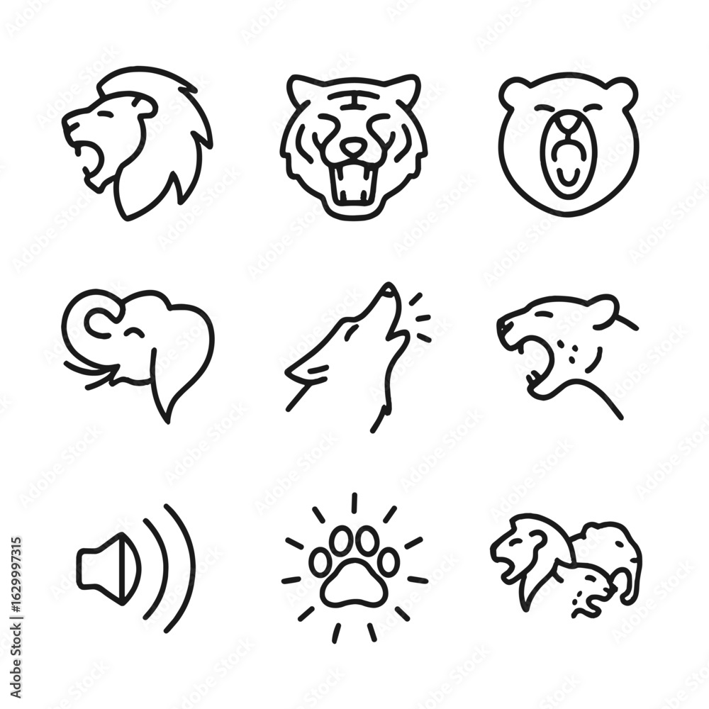 Obraz premium Animal Roar Icons. Outline icon set of roar in animals: lion, tiger, bear, elephant, wolf, cheetah, roar sound, animal call,