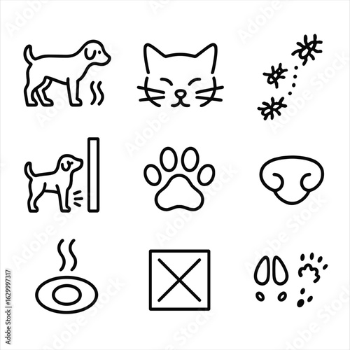 Animal Scent Icons. Outline icon set of animal scent communication: dog sniffing, cat whiskers, pheromone trail, scent marking,