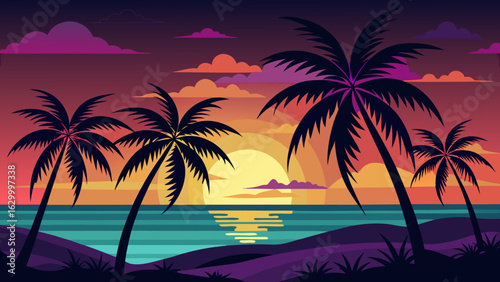 Vector art of vibrant sunset over the ocean with silhouetted palm trees on a tropical beach, reflecting in the calm water, creating a picturesque evening paradise scene