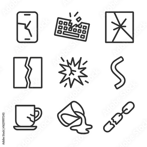 Rage Object Icons. Outline icon set of rage objects: broken phone, smashed keyboard, cracked screen, torn paper, shattered glass,