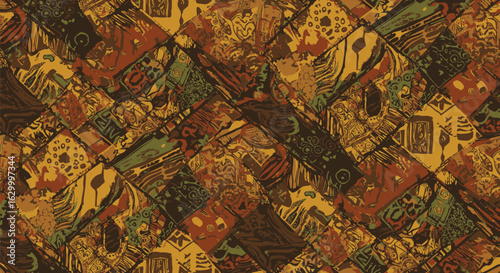 Ornate patchwork background with a woven diagonal texture. Richly detailed vintage illustrations creating a seamless pattern.