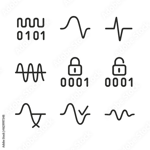 Digital Signals Icon Set. Outline icon set of digital signals: binary signal, analog signal, pulse signal, modulated signal,