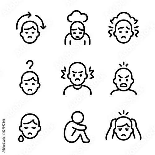 Emotional Disorders Icons. Outline icon set of psychological and emotional disorder: mood swings, depression, anxiety, confusion,