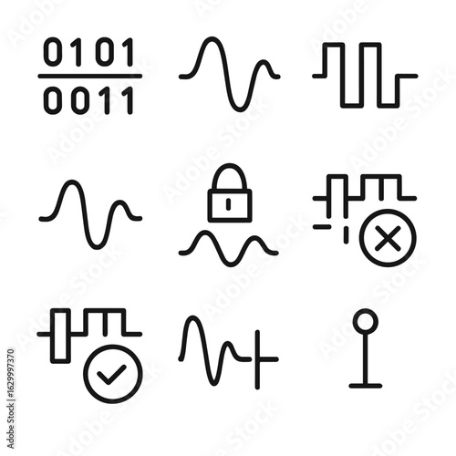 Digital Signals Icon Set. Outline icon set of digital signals: binary signal, analog signal, pulse signal, modulated signal,
