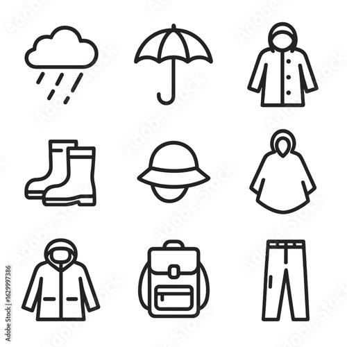 Rain Gear Icons. Outline icon set of raincloud clothing and gear: umbrella, raincoat, rain boots, waterproof hat, poncho, rain
