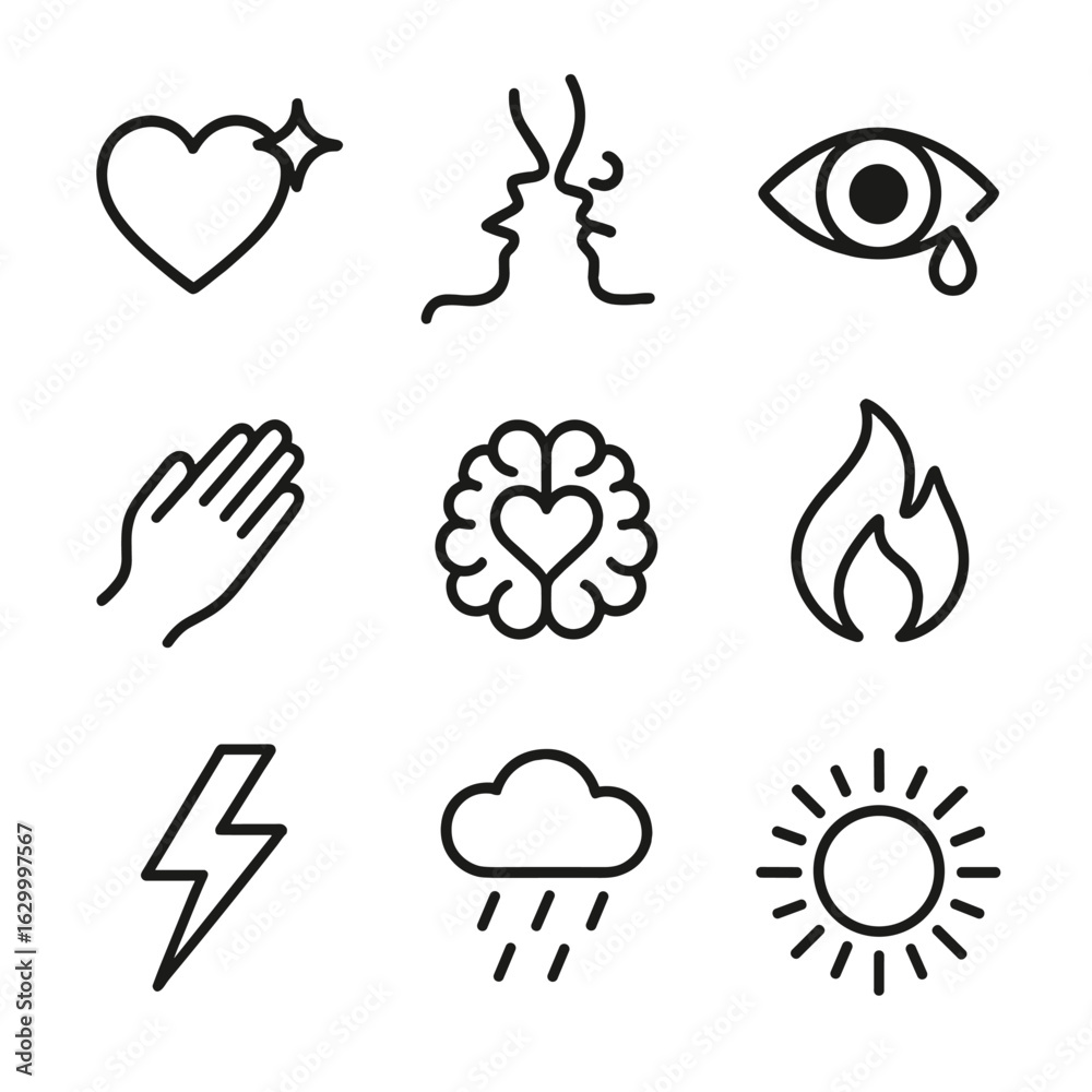 Obraz premium Emotional Intuition Icons. Outline icon set of emotional intuition: heart with spark, whispering mouth, eye with tear, hand on