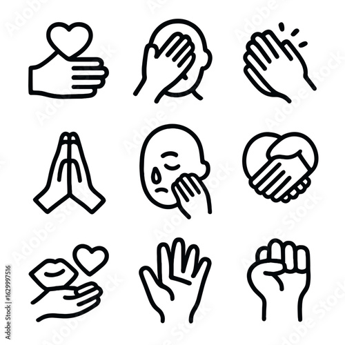 Emotional Hand Icon Set. Solid, filled icon set of emotional hand expressions: hand on heart, hand covering face, hands clapping,