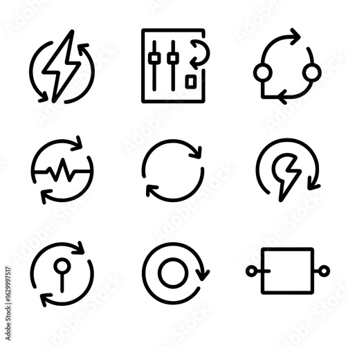 Reboot Signal Icons. Outline icon set of reboot signal flow: electricity surge, reset switchboard, circuit reconnect, system pulse
