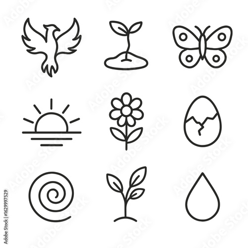 Rebirth Symbols Icons. Outline icon set of rebirth symbols: phoenix, sprouting seed, butterfly, rising sun, blooming flower, egg