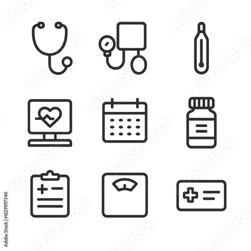 Health Monitoring Icon Set. Outline icon set of health monitoring and check-ups: stethoscope, blood pressure cuff, thermometer,