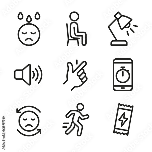 Anti-Sleep Habit Icons. Outline icon set of anti-sleep habits: cold splash, upright sitting, bright light, loud audio, finger snap