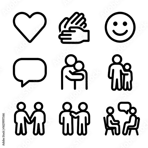 Emotional Support Icons. Solid, filled icon set of emotional support for kids: heart, helping hand, smiley face, speech bubble,