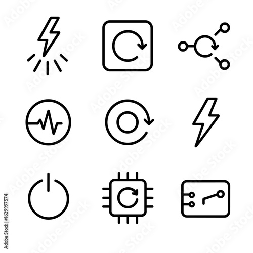 Reboot Signal Icons. Outline icon set of reboot signal flow: electricity surge, reset switchboard, circuit reconnect, system pulse
