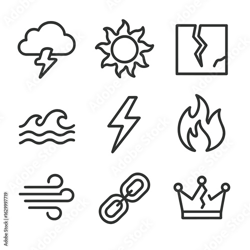 Apocalyptic Gods Icon Set. Outline icon set of apocalyptic gods: dark thundercloud, burning sun, cracked earth, flood waves,