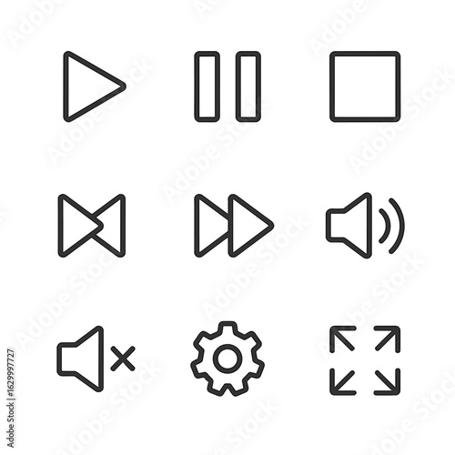 App Control Icons. Outline icon set of app controls: play, pause, stop, rewind, fast forward, volume, mute, settings gear,