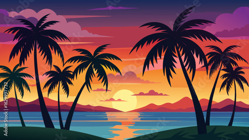 Vector art of vibrant tropical sunset with palm trees silhouetted against a colorful sky over the ocean, reflecting on the calm water