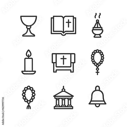 Religious Artifacts Icons. Outline icon set of religious artifacts: chalice, scripture book, incense, candle, altar, rosary beads,