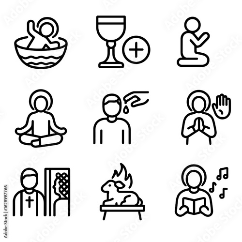 Religious Rituals Icons. Outline icon set of religious rituals: baptism, communion, prayer, meditation, anointing, blessing,