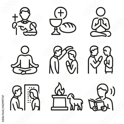 Religious Rituals Icons. Outline icon set of religious rituals: baptism, communion, prayer, meditation, anointing, blessing,