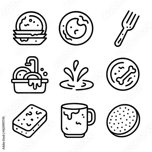 Dirty Dishes Icons. Outline icon set of dirty dishes in sink: dish pile, greasy plate, stained fork, overflowing sink, water