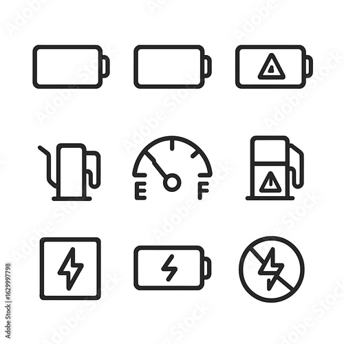 Empty Energy Icons. Outline icon set of empty battery and fuel icons: empty battery, low battery, critical battery, empty fuel