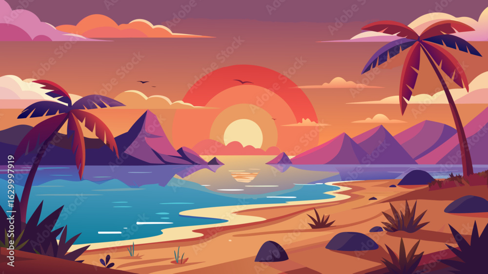 Obraz premium Vector art of serene tropical beach at sunset with silhouetted palm trees and mountains under a vibrant orange and purple sky reflected in the water