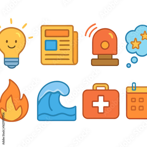 Heuristic Icon Grid. Flat vector mini-illustrations availability heuristic examples in colors children's illustrations: lightbulb,