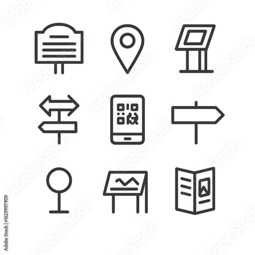 Heritage Signage Icons. Outline icon set of heritage signage and wayfinding: historical plaque, map pin, information kiosk,
