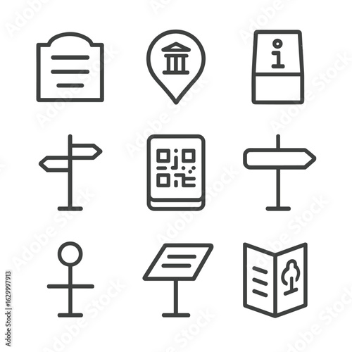 Heritage Signage Icons. Outline icon set of heritage signage and wayfinding: historical plaque, map pin, information kiosk,