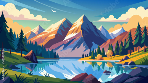 Vector art of vibrant illustration of majestic snowcapped mountains reflected in a clear blue lake surrounded by a lush green forest under a cloudy sky