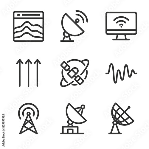 Remote Sensing Icons. Outline icon set of remote sensing elements: terrain scanner, satellite dish, frequency monitor, telemetry