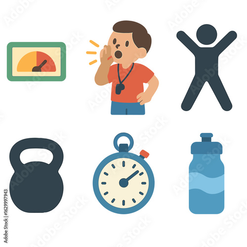 HIIT Instructor Icons. Flat vector mini-illustrations HIIT instructors timing intervals in colors children’s illustrations: