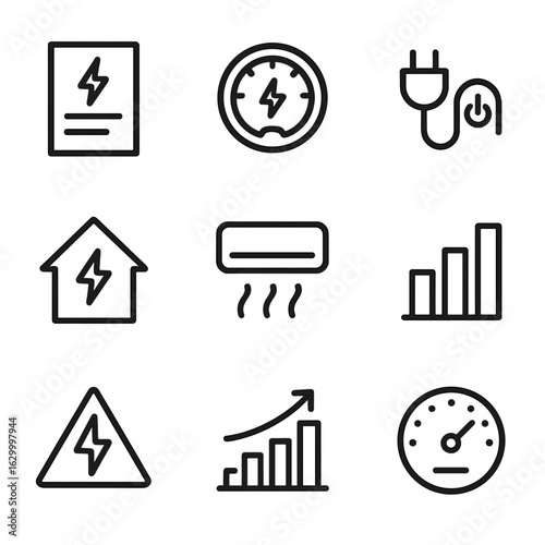 Energy Icon Set. Outline icon set of energy consumption: electricity bill, usage meter, device power icon, home energy, HVAC