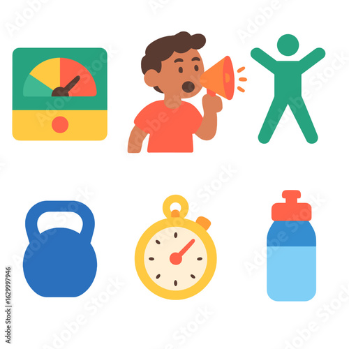 HIIT Instructor Icons. Flat vector mini-illustrations HIIT instructors timing intervals in colors children’s illustrations:
