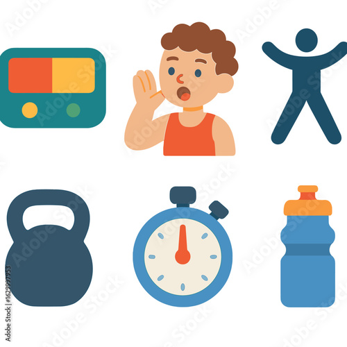 HIIT Instructor Icons. Flat vector mini-illustrations HIIT instructors timing intervals in colors children’s illustrations: