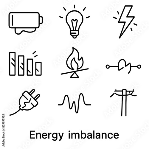 Energy and Instinct Icons. Outline icon set of energy imbalance: leaking battery, flickering bulb, broken lightning bolt, uneven