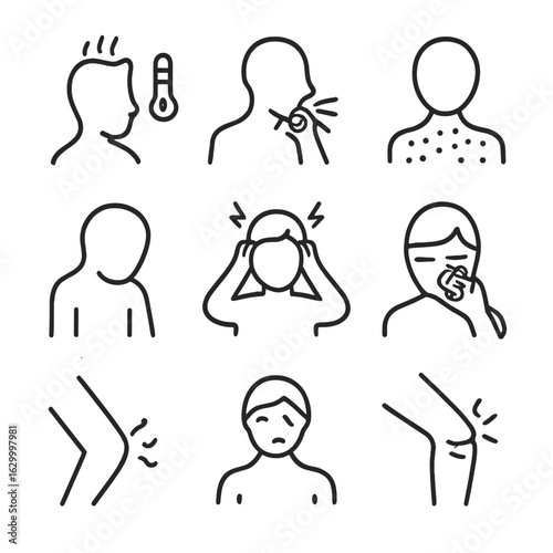 Disease Symptoms Icons. Outline icon set of disease symptoms: fever, cough, rash, fatigue, headache, nausea, swelling, shortness