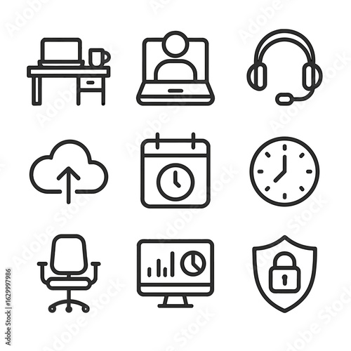 Remote Work Icons. Outline icon set of remote work: home office desk, laptop video call, wireless headset, VPN shield, cloud